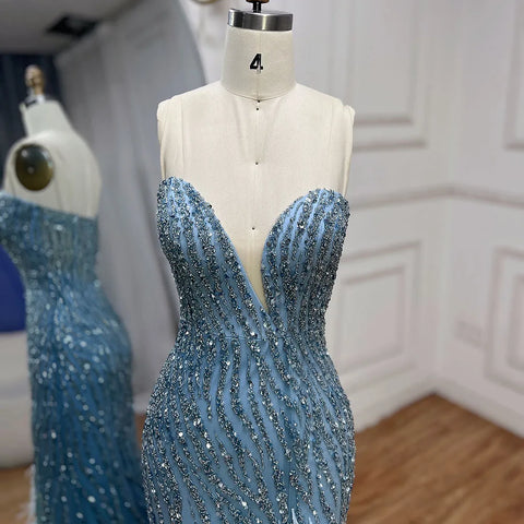 Vestido de noche de lujo árabe sin tirantes, azul con cuentas y plumas, estilo Dubai, con falda lateral, para mujer, ideal para bodas y fiestas (LA72695) 