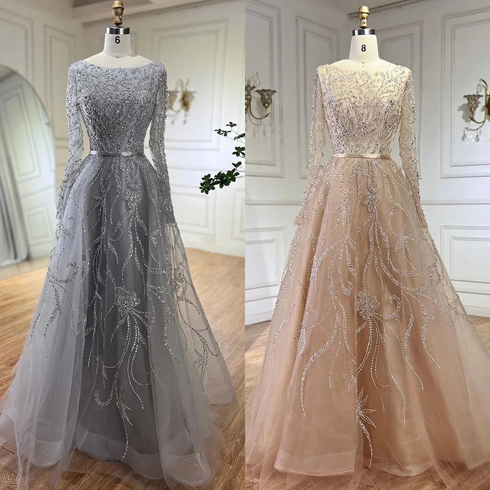 Muslim Nude A Line Evening Luxury Dubai Dresses Gowns Beaded 2025 For Woman Wedding Party LA71596A