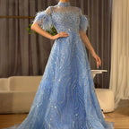 Vestido de noche corto de lujo sin mangas, corte A, azul árabe, con cuentas y plumas, ideal para bodas y fiestas (LA72351) 