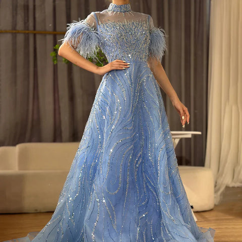 Robe de soirée courte sans manches, style arabe, bleu, coupe trapèze, avec perles et plumes, pour femme, tenue de mariage, LA72351, 2025 