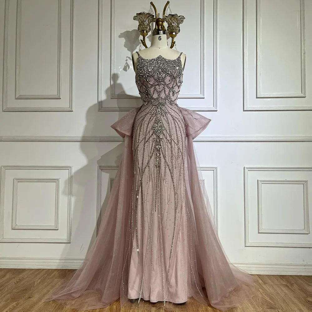 Vestidos de noche color nude con tirantes finos y cuentas, estilo saudí, con sobrefalda, para ocasiones formales LA72810 