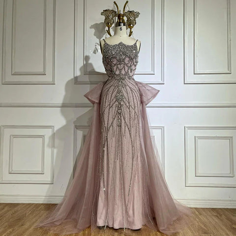 Robe de soirée saoudienne couleur chair à bretelles spaghetti et perles, avec surjupe, pour une occasion formelle, LA72810, 2025 