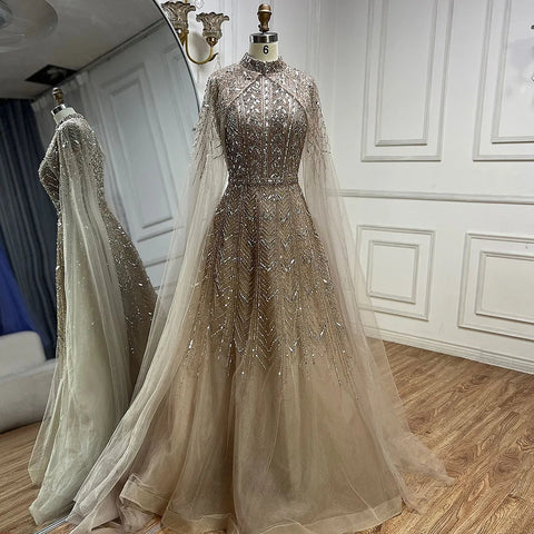 Robe de soirée trapèze bleue à perles et manches cape LA72728