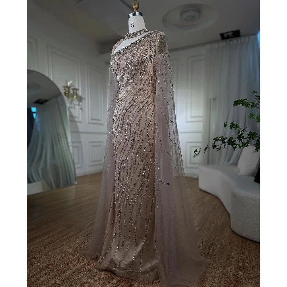 Black Mermaid Elegant Cape Sleeves Beaded Luxury Evening Dresses Gowns For Women Arabic Party 2025 LA72112
