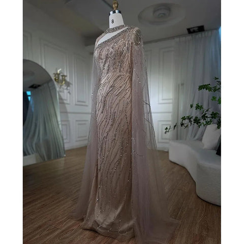 Black Mermaid Elegant Cape Sleeves Beaded Luxury Evening Dresses Gowns For Women Arabic Party 2025 LA72112