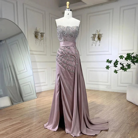 High Split With Skirt Mermaid Nude Sexy Strapless CRYSTAL Beaded Evening Dresses Gowns For Women Party 2025 LA72135