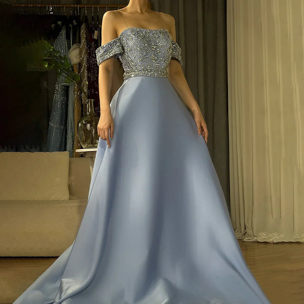 Vestido de noche largo azul elegante de Arabia Saudita, corte en A, con hombros descubiertos y cuentas, para ocasiones formales LA72753 