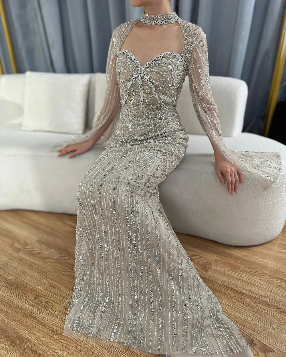 Vestido de noche de sirena con escote corazón, corte sirena, con cuentas y abertura en la espalda, estilo lujoso de Dubái (LA72560A), modelo LA72560A. 