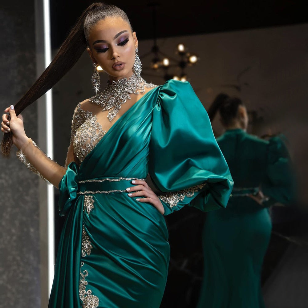 Green High Split Satin Evening Dresses Gowns 2025 Luxury Beaded Overskirt Mermaid  For Women Party LA71510