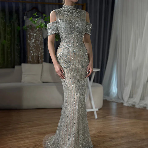 Robe de soirée de luxe style sirène, couleur argent, couleur chair, perles et cristaux, style Dubaï, pour femme, tenue de mariage, LA72411 