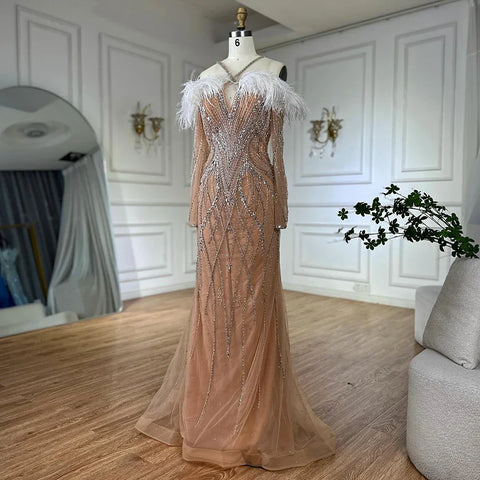 Vestidos de noche de sirena de lujo con plumas azules y cuentas para mujer, ideales para ocasiones formales (LA72836)