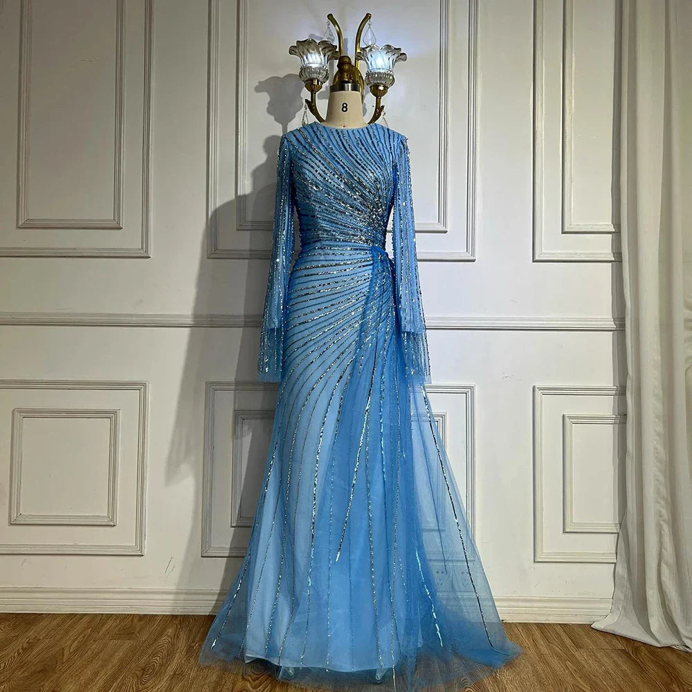 Vestidos de noche saudíes elegantes de color azul con cuentas, estilo árabe, para ocasiones formales (LA72822)
