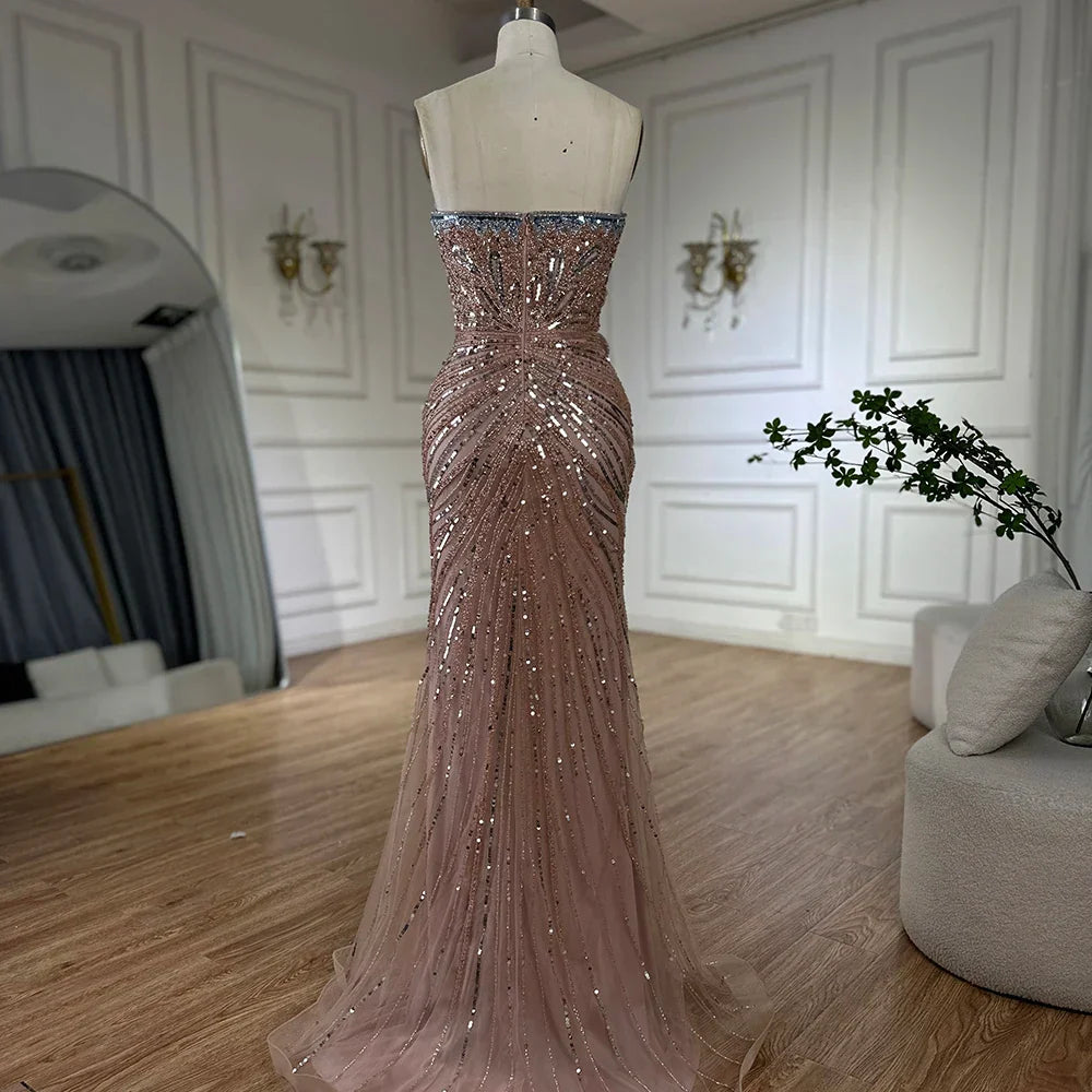Vestido de noche de sirena rosa sin tirantes con abertura alta para ocasiones formales LA72480 (modelo saudí 2025) 