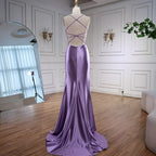 Luxury Purple Satin Prom Dress with Slit and Lace Appliques LA73040