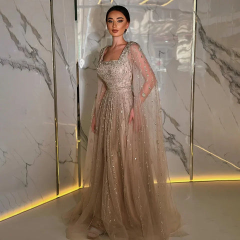 Muslim Caramel Beaded A-Line Luxury Evening Dress Gown with Cape Sleeves LA71803A