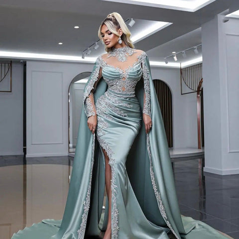 Mint Mermaid Elegant High Collar Beaded Cape Sleeves Luxury Evening Dresses Gowns 2025 For Women Party LA71680