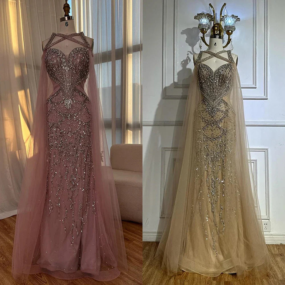 Vestidos de noche árabes con mangas tipo capa color nude y cuentas de cristal para mujer, ideales para bodas y fiestas (LA72806) 