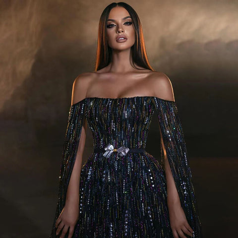 Black A Line Sexy Strapless Cape Sleeves Luxury Crystal Beaded Evening Dresses Gowns For Women Party 2025 LA71824