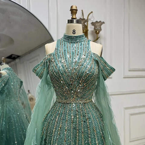 Robe de soirée longue style arabe turquoise, manches cape, coupe trapèze, perles et plumes, pour femme, tenue de mariage, LA72644 