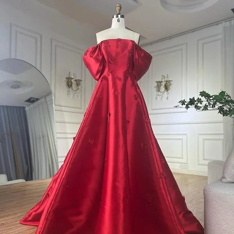 Elegante vestido de noche rojo con hombros descubiertos y flores 3D LA72778