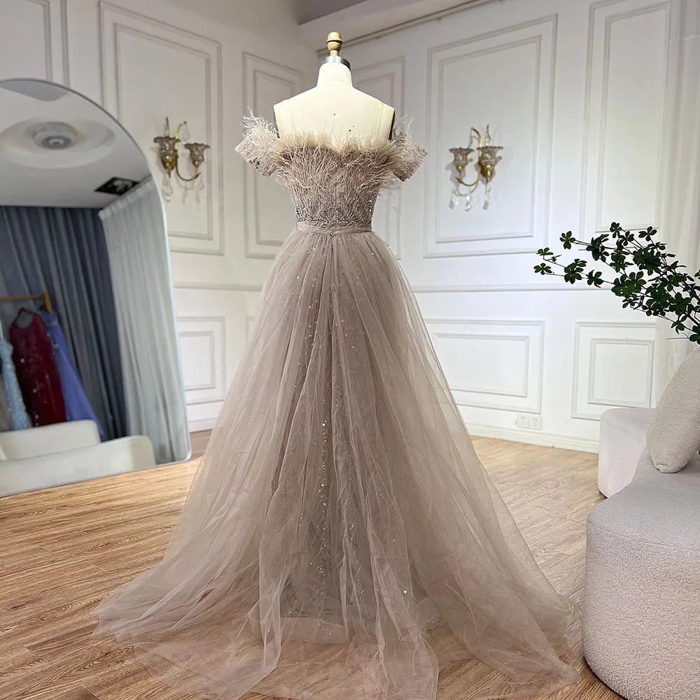 Vestidos de noche elegantes de sirena color caramelo con cuentas, estilo árabe saudí, con sobrefalda para ocasiones formales LA71634A