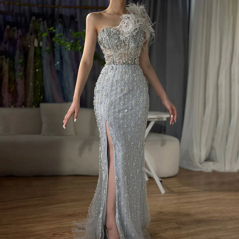 Gray Mermaid One Shoulder High Split Beaded Feather Luxury Evening Dresses Gowns For Women Party 2025 LA72347