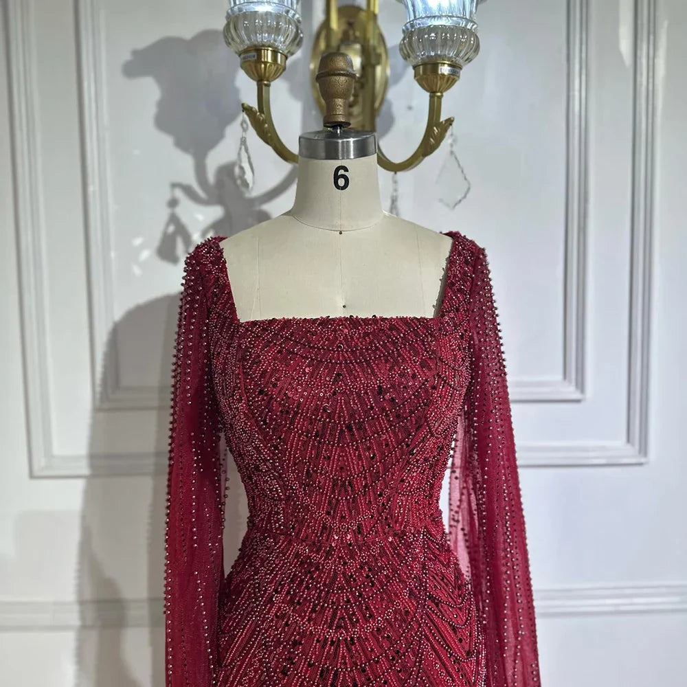 Vestido de noche de sirena color turquesa de Arabia Saudita, con mangas tipo capa con perlas y cuentas, ideal para ocasiones formales (LA72590A) 