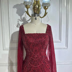 Vestido de noche de sirena color turquesa de Arabia Saudita, con mangas tipo capa con perlas y cuentas, ideal para ocasiones formales (LA72590A) 