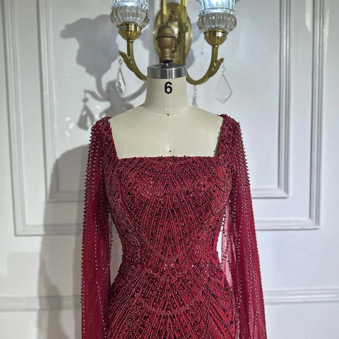 Robe de soirée sirène turquoise saoudienne 2025, avec manches cape perlées et perles, pour une occasion formelle, LA72590A 