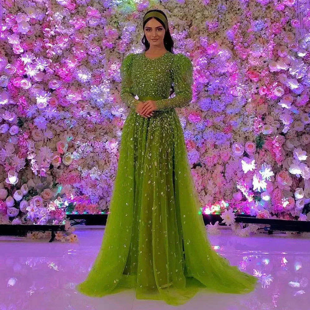 Green Mermaid Elegant Beaded Evening Dress Gown with Skirt Sleeves LA71762