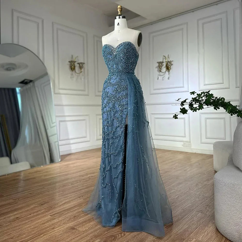Vestido de noche saudí para ocasiones formales, elegante vestido azul con cuentas y abertura, modelo LA72877 (2025) 