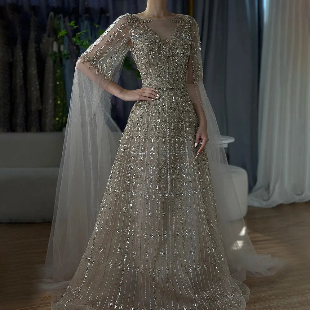Luxury Blue Evening Dress with Cape Sleeves LA72666
