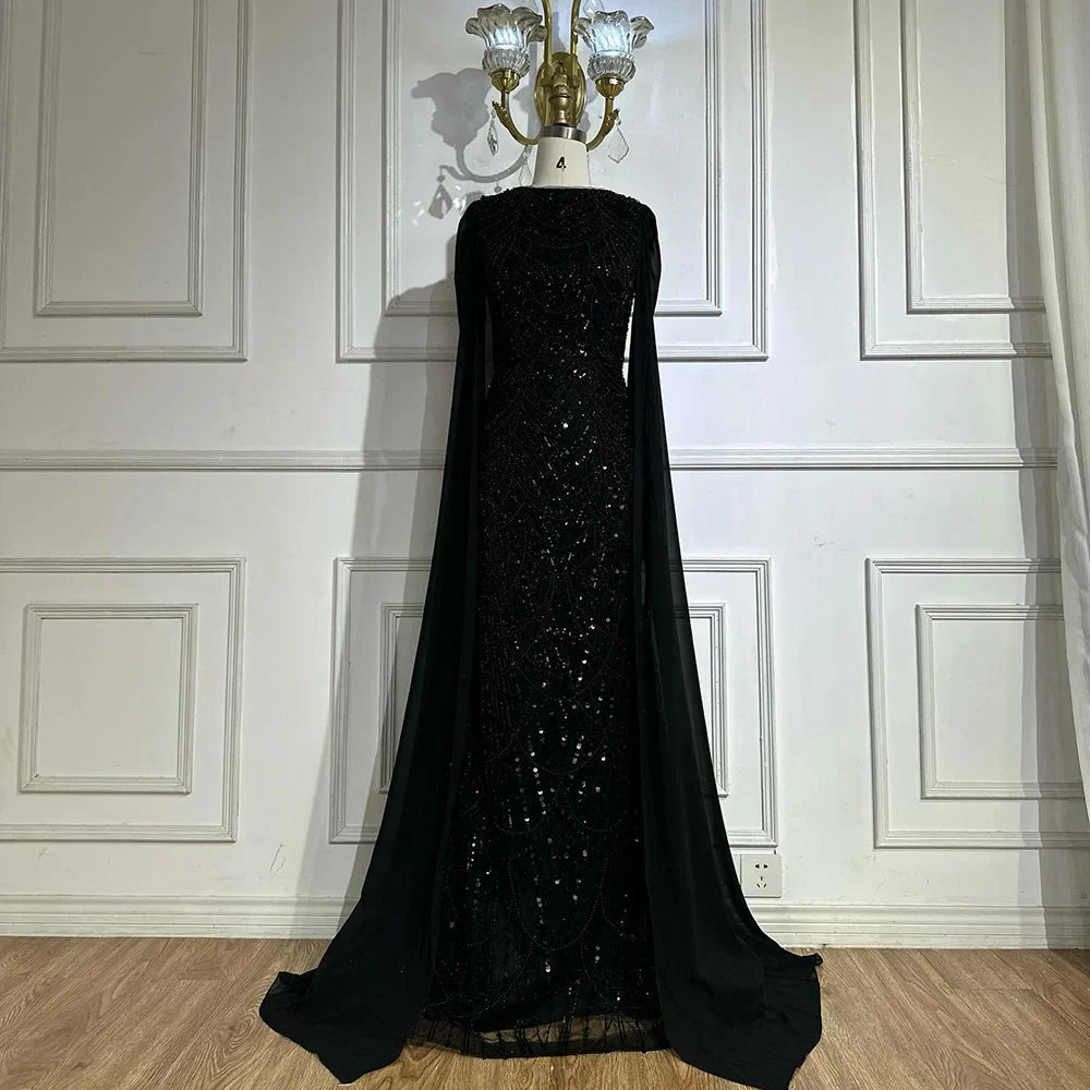 Vestido de noche de lujo con mangas de capa, estilo sirena azul, con cuentas, para ocasiones formales (LA72160A), Arabia Saudita, 2025 