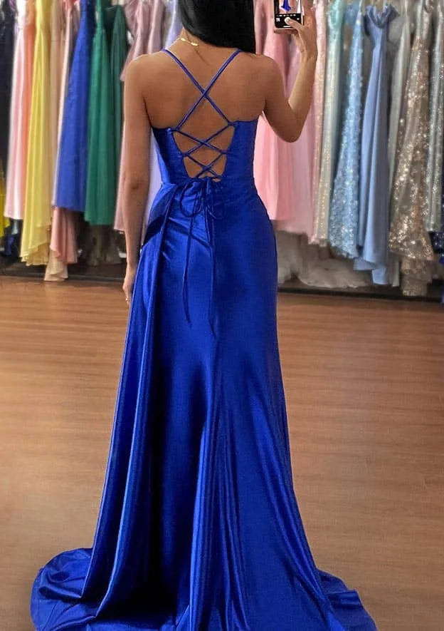 Vestido de fiesta de sirena azul árabe con tirantes finos, satén sedoso y fruncido, modelo LA72682 (2025) 