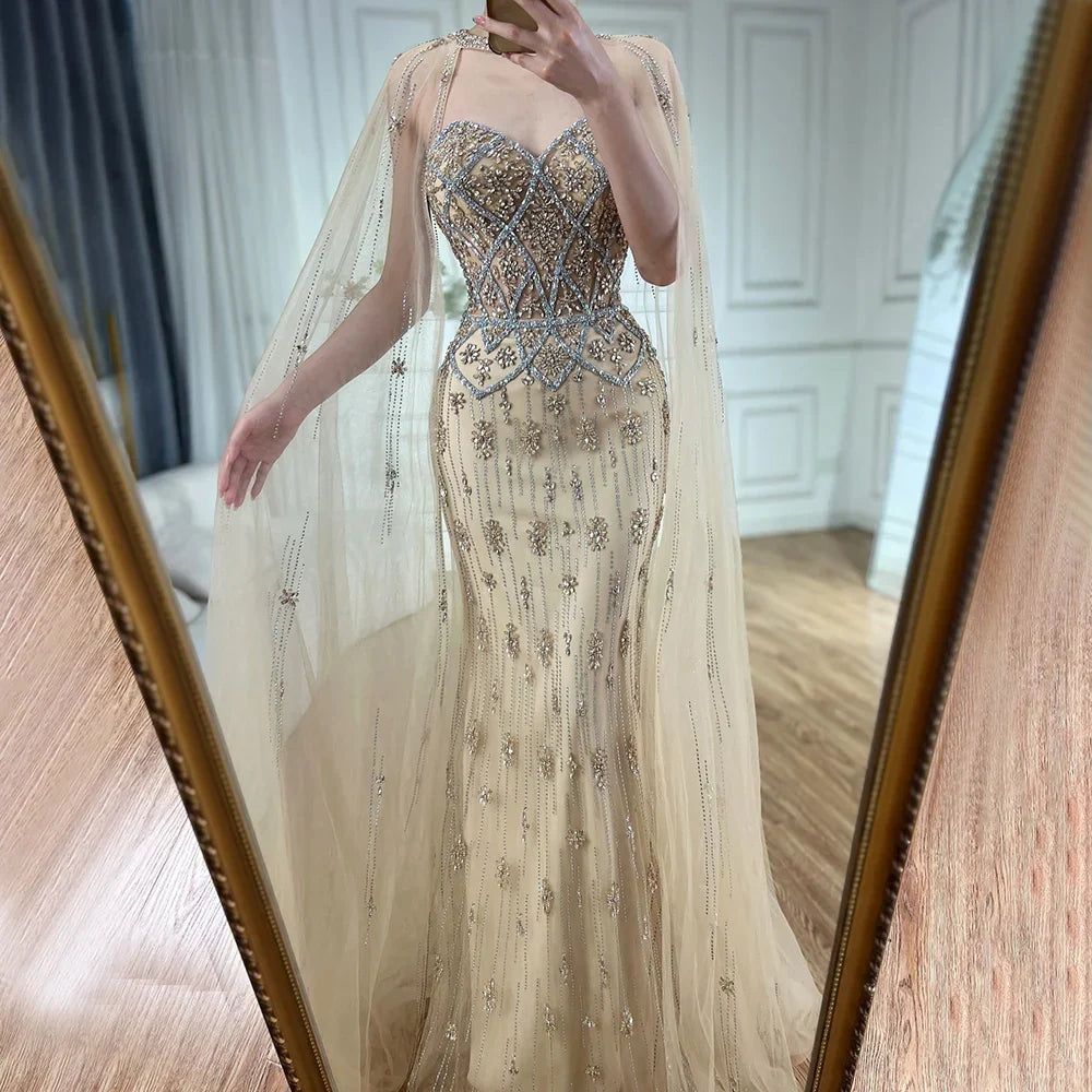Vestido de noche color nude estilo sirena, con mangas de capa desmontables, estilo saudí, ideal para ocasiones formales (LA72716) 