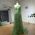 Vestido de noche de lujo árabe verde de un solo hombro con plumas y cuentas, con capa lateral tipo chal para fiesta de mujer LA72698 
