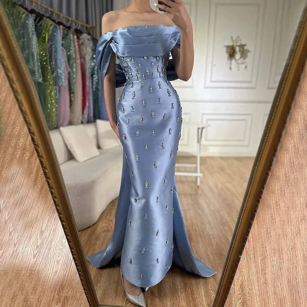 Vestido de noche sirena de satén azul árabe con cuentas de cristal hasta el tobillo, ideal para bodas y fiestas (LA72414A) 