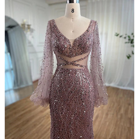 Vestido de noche elegante, elegante, con escote en V, cuentas y apliques de sirena, de lujo, estilo árabe, brillante, para mujer, para fiesta, 2025, LA71784 
