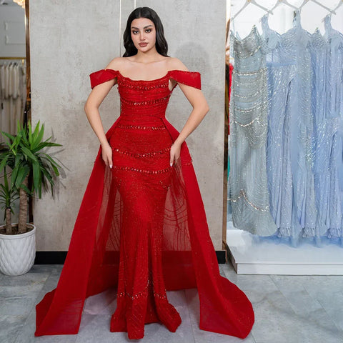 Vestido de noche de sirena rosa árabe con cuentas y sobrefalda de satén desmontable para ocasiones formales LA72781 