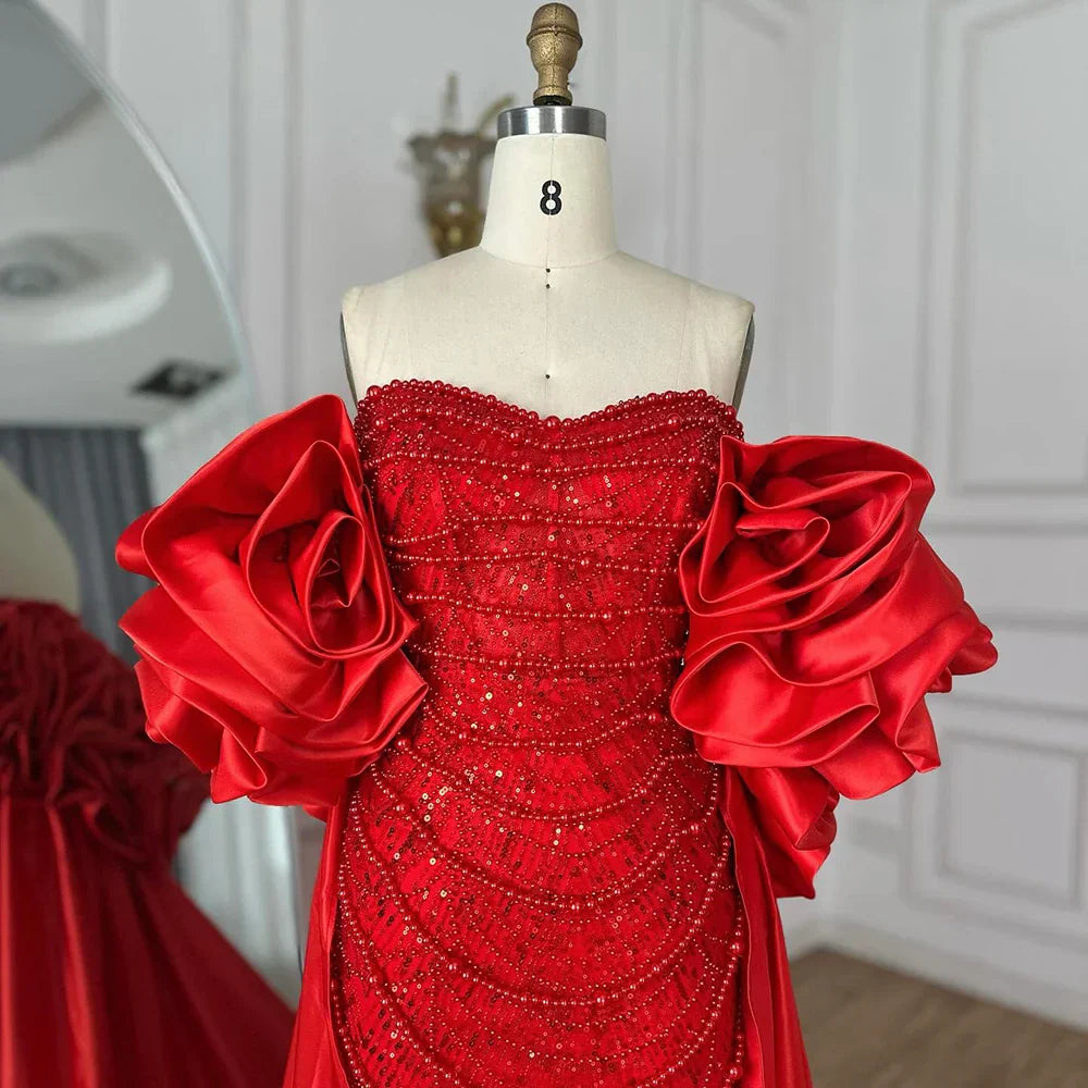 Red Long Cape Pearls Beaded Mermaid Evening Dresses Gowns For Formal Occasion 2025 LA72585A