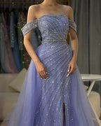 Blue Sexy Boat Neck Split Mermaid Elegant Beaded Arabic Evening Dresses Gowns For Woman Wedding Party 2025 LA71858
