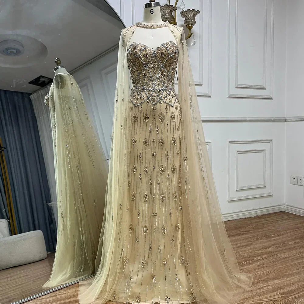 Vestido de noche color nude estilo sirena, con mangas de capa desmontables, estilo saudí, ideal para ocasiones formales (LA72716) 