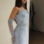 Vestido de noche de lujo estilo sirena azul árabe 2025, sin tirantes, con guantes y cuentas, vestido de fiesta para mujer, boda LA71950 