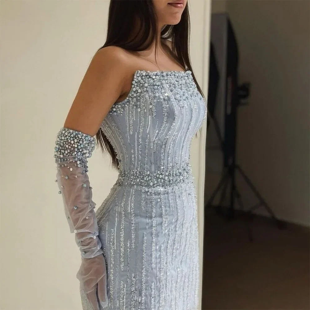 Vestido de noche de lujo estilo sirena azul árabe 2025, sin tirantes, con guantes y cuentas, vestido de fiesta para mujer, boda LA71950 