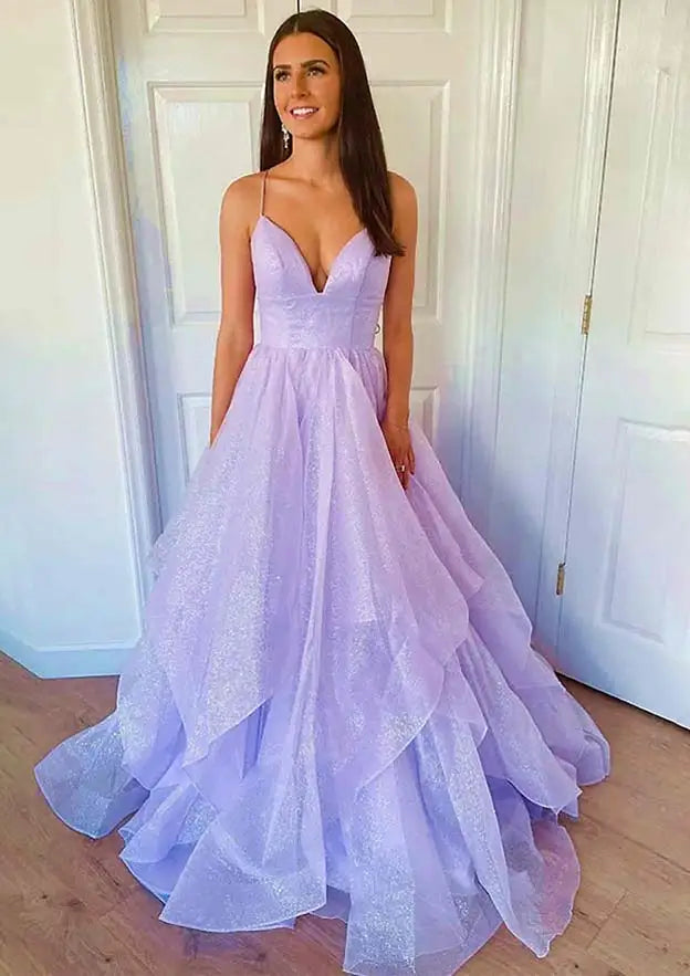 Vestido de fiesta elegante de corte A, con tirantes finos y espalda descubierta, color lila árabe, modelo 2025 | Ideal para bodas y fiestas | LA72676 