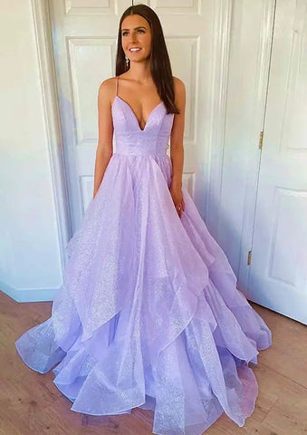 Robe de bal élégante en lilas style arabe 2025, dos nu, bretelles spaghetti, coupe trapèze, pour femme | Mariage LA72676 