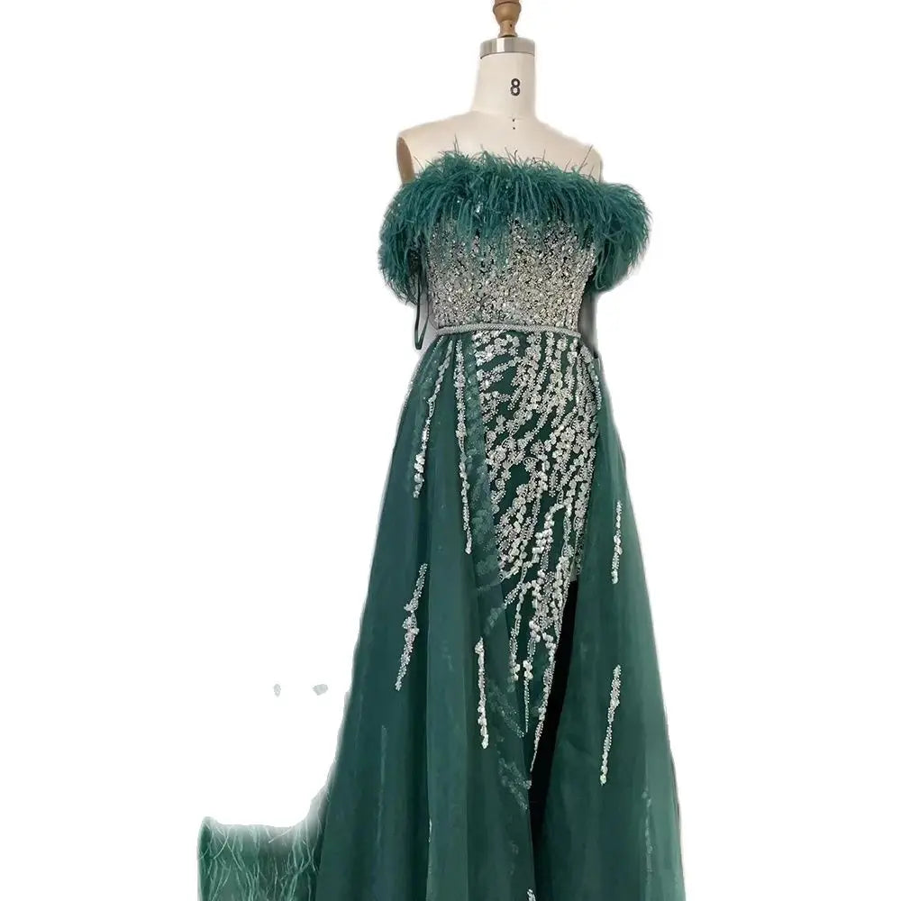 Blue Diamond Feather Mermaid Elegant With Overskirt Evening Dresses Gowns 2025 For Women Wedding Party LA72061