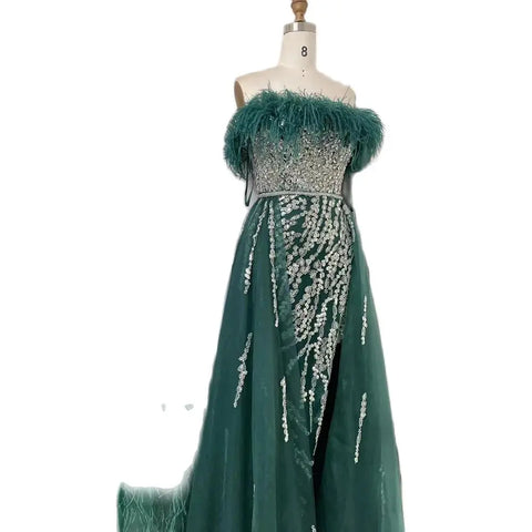 Blue Diamond Feather Mermaid Elegant With Overskirt Evening Dresses Gowns 2025 For Women Wedding Party LA72061