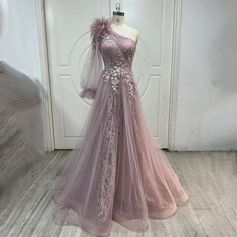 Vestido de noche rosa de lujo con abertura en forma de A, elegante, con cuentas y plumas, de un solo hombro, para mujer, fiesta, LA71689 