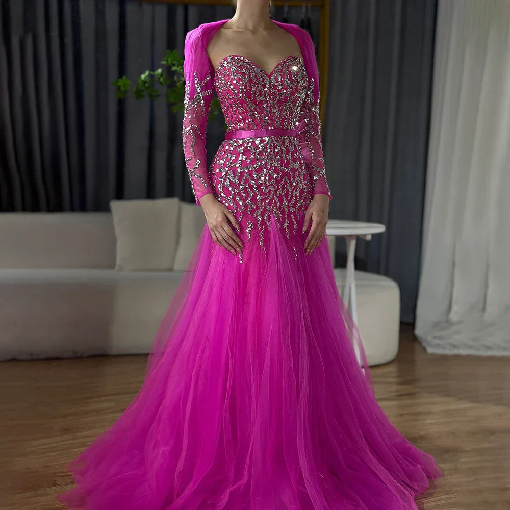 On Sale no return no refund Arabic Sexy Sweetheart Fuchsia A Line Long Sleeves Luxury Beaded Evening Dresses Gowns For Women Party 2025 LA71810